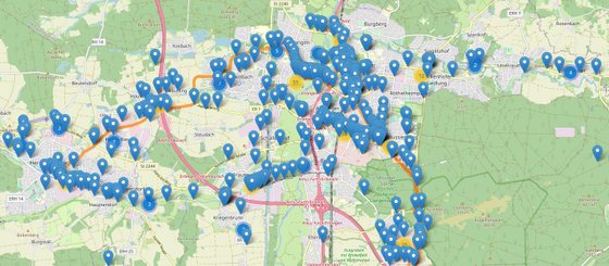 Eingereichte Ideen für den Streckenverlauf: Pins auf einer Karte